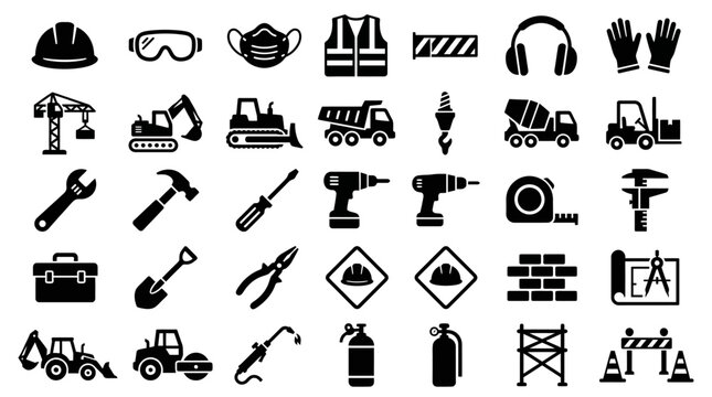 Construction tools and equipment icons.
