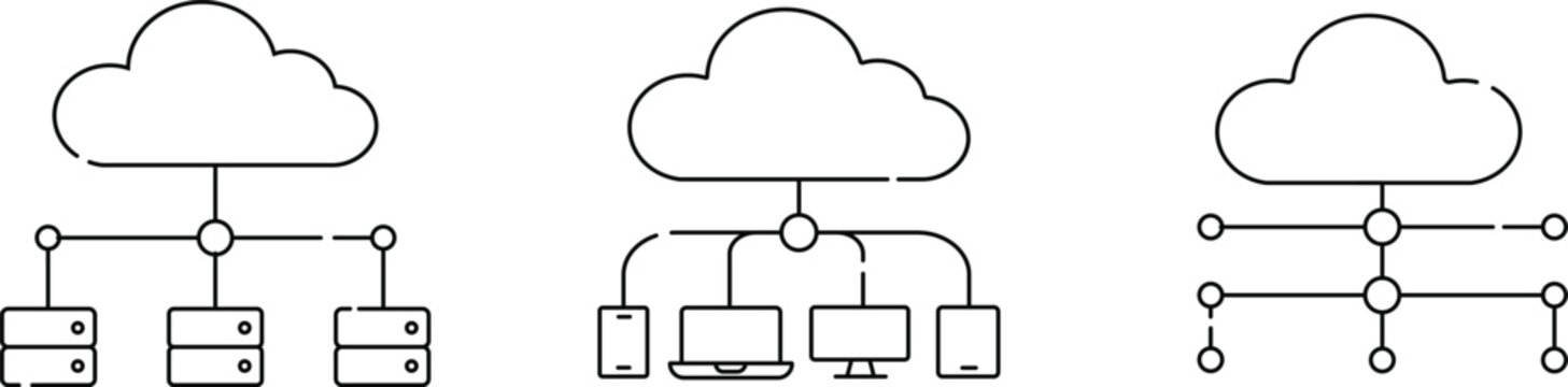 Cloud Network Icons Set Vector Illustration, Cloud Computing, Network Infrastructure and Server Connectivity Line Art Collection