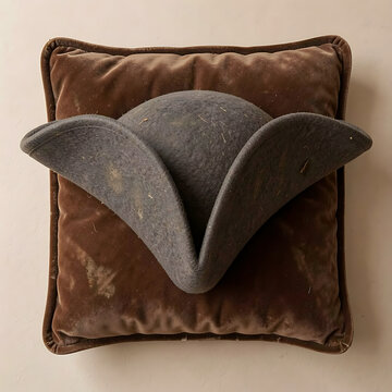 Top-down flat lay composition of a Napoleon era bicorne hat, perfect V-shape silhouette, textured wool felt surface, subtle wear and tear on the edges, placed on an antique velvet cushion, neutral bei
