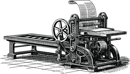 Vintage printing press machine illustration, historical typography equipment engraving artwork, antique industrial vector design collection © LT studio