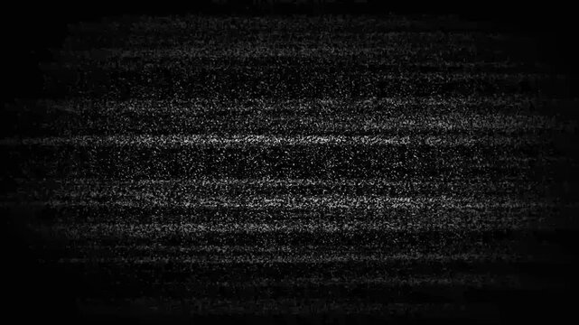 Distorted analog television screen with grainy black and white static noise and horizontal scanlines featuring a dark vignette around the frame edges