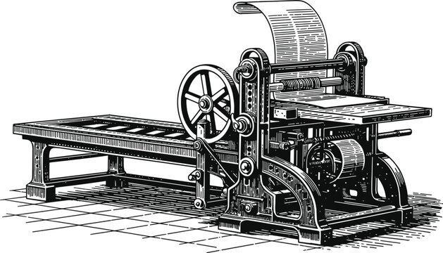 Vintage printing press machine illustration, historical typography equipment engraving artwork, antique industrial vector design collection