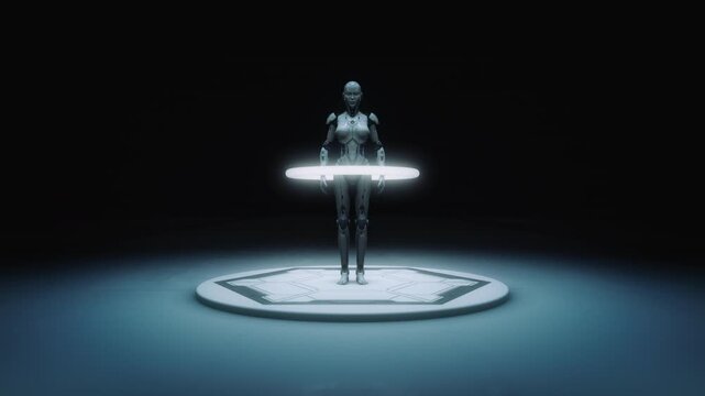 Female Robot Standing on a Glowing Platform in a Dark Room