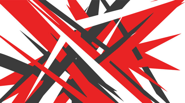 Vibrant abstract artwork featuring sharp red and black lines intersecting on a white surface creating dynamic graphic design elements.