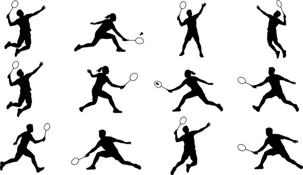 Badminton player silhouette set. Men and women athletes hitting shuttlecocks with rackets in various dynamic action poses. Editable vector illustration on white background.