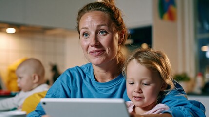 Obraz premium Woman and Child Engaged in a Digital Environment, Potentially at Home