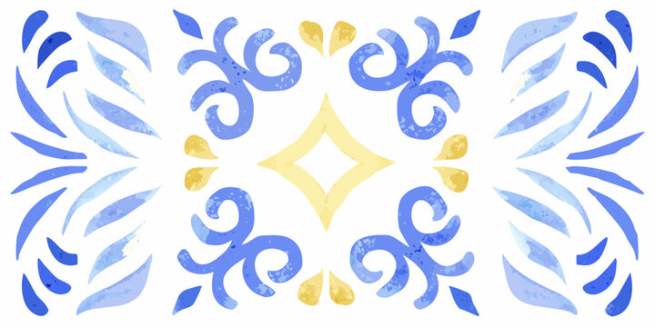 Watercolor azulejo tile pattern with blue and yellow floral ornaments