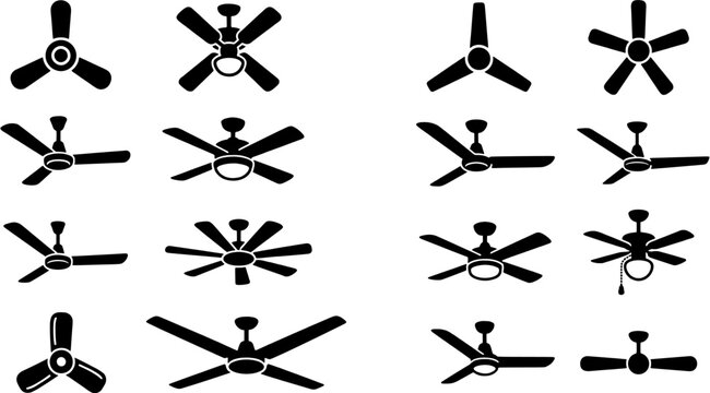Ceiling fan icon set. Collection of various house cooling appliances in flat black silhouette style. Editable vector illustration on isolated white background.