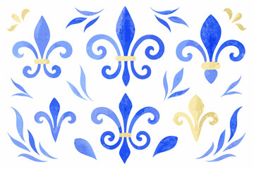 Blue And Yellow Watercolor Fleur De Lis Pattern With Decorative Scroll Elements © John Lee