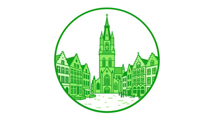 Green Line Art Circle Icon of Historic European City Square with Church © Buku
