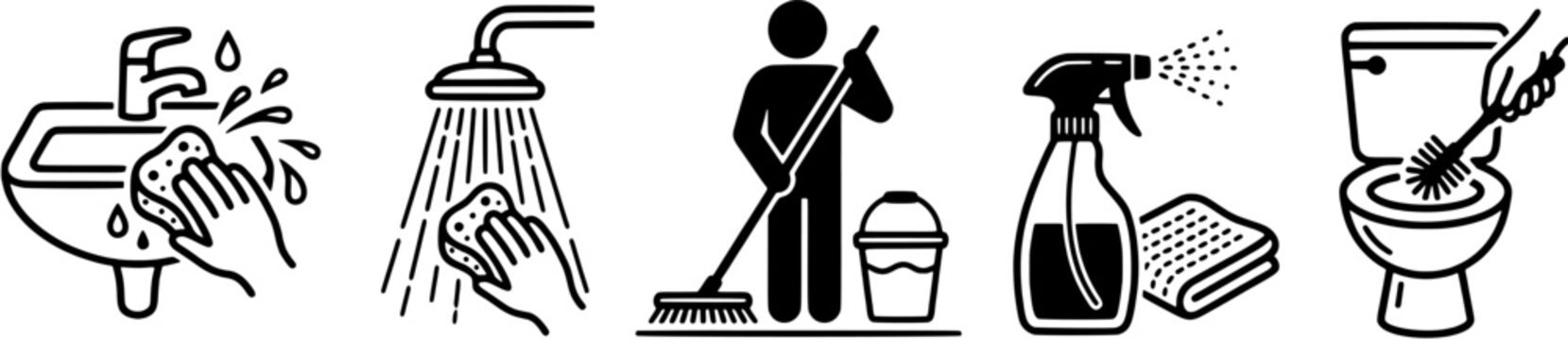 Cleaning and housework icon set. Household chores and sanitation symbols in flat black line art style.