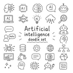 Artificial intelligence doodles set. Hand drawn vector doodle set on white background © Roman