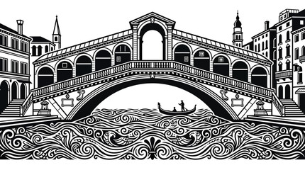 Rialto Bridge Venice Italy Black and White Illustration Gondola Water Waves © Buku
