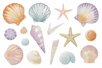 Watercolor Seashell And Starfish Collection With Soft Pastel Tones seashells © John Lee