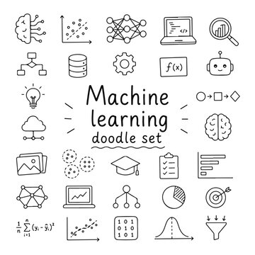 Machine learning doodles set. Hand drawn vector doodle set on white background