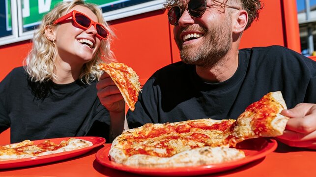 Happy Couple Sharing Pizza at an Outdoor Event