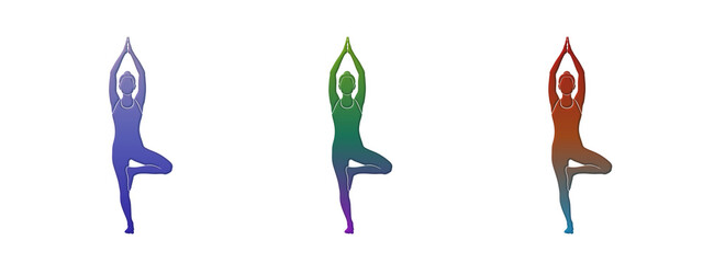 Fototapeta premium Three colorful yoga tree pose silhouettes