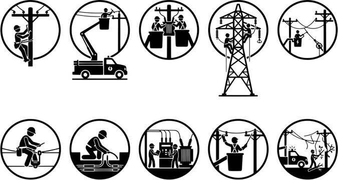 Lineman and electrician icon set. Technical vector illustration of power grid maintenance in flat black silhouette style.