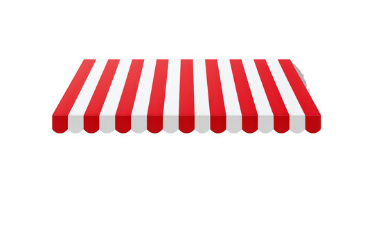 Red and white striped awning extending over a storefront or market stall, providing shelter and a classic shop facade element