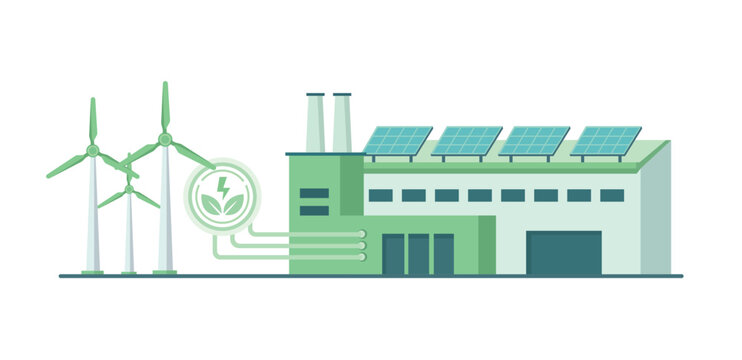 Eco friendly industrial building powered by solar panels and wind turbines with clean energy network supporting sustainable manufacturing green technology and low carbon infrastructure