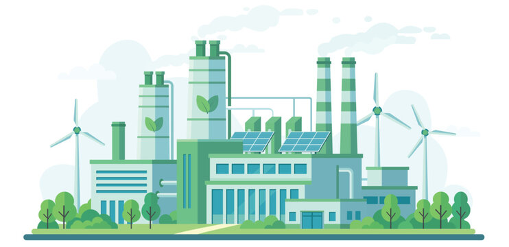 Modern eco friendly industrial facility with solar panels wind turbines and clean energy systems supporting sustainable manufacturing low carbon production and environmental innovation