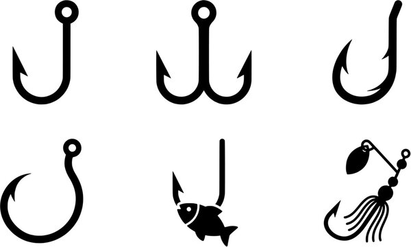 Fishing hook icon set. Flat black silhouette style symbols including bait and lure variations.
