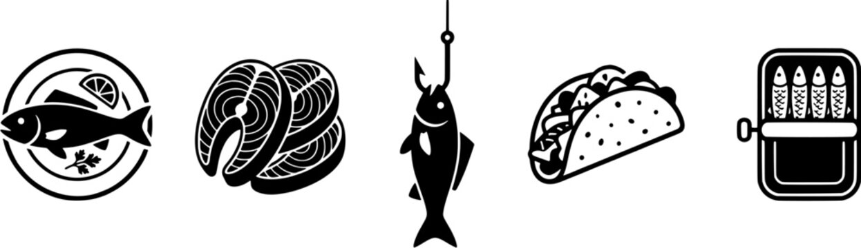 Fish and seafood icon set. Simple black silhouette illustrations of salmon, fishing, taco, and sardines.