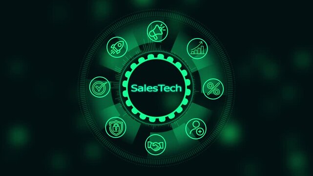 Sales tech digital hud interface with animated business growth and analytics hud for corporate marketing and crm software presentations