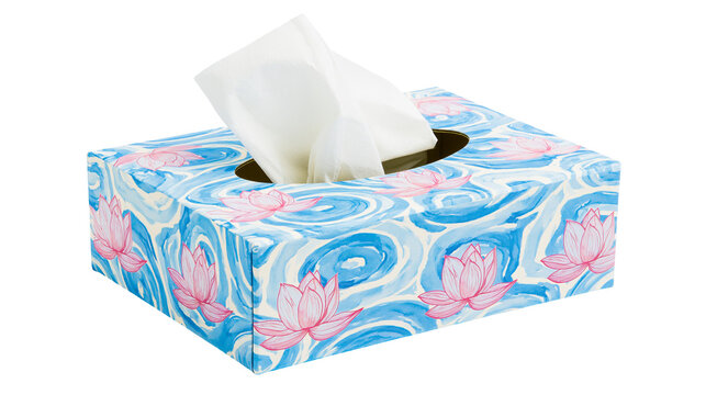 Tissue box with pink lotus flowers and blue swirls pattern
