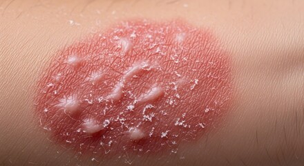 Fototapeta premium Close-up of a Psoriasis Skin Lesion with Redness and White Scales.