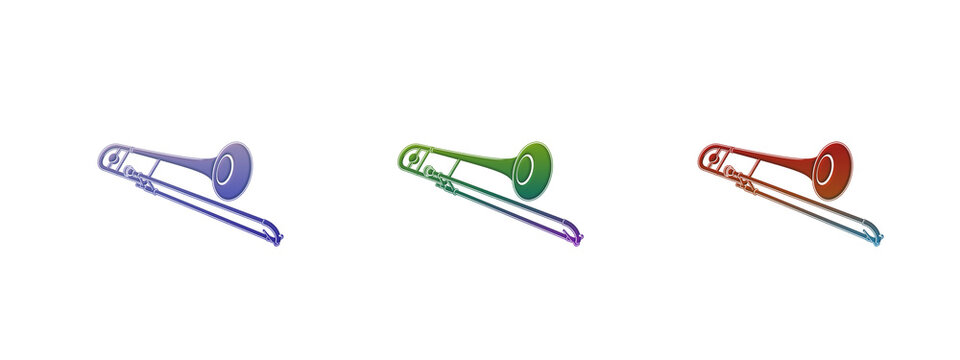 Three colorful trombone musical instruments in a row