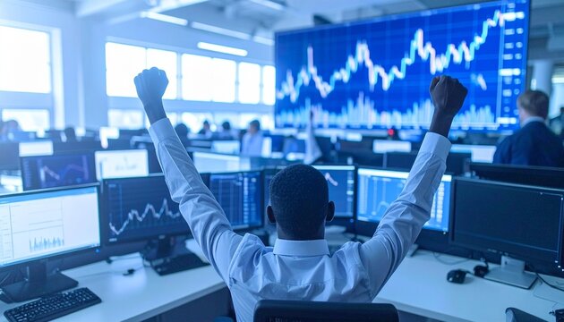 Concept of bullish stock market, traders office at work
