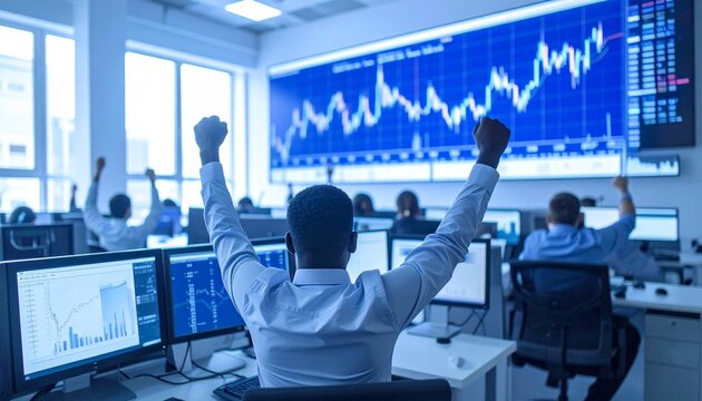 Concept of bullish stock market, traders office at work