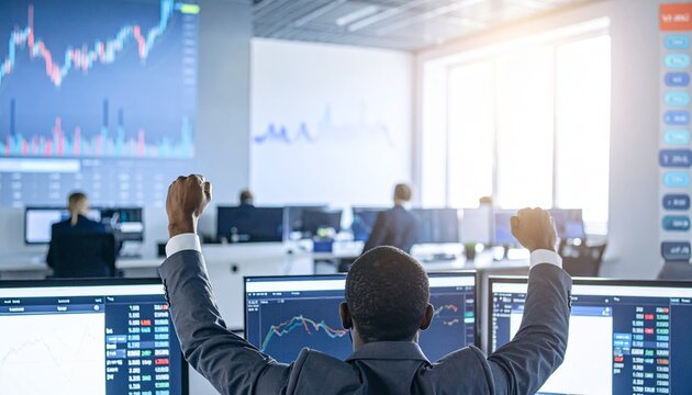 Concept of bullish stock market, traders office at work