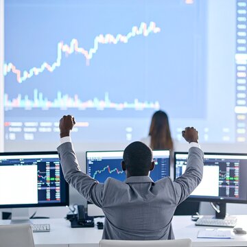 Concept of bullish stock market, traders office at work