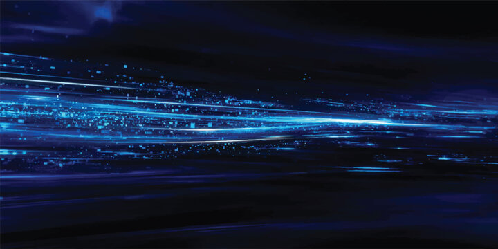 Abstract Blue Digital Ocean Horizon with Binary Code Waves Moonlight Clouds and Reflective Seascape Background