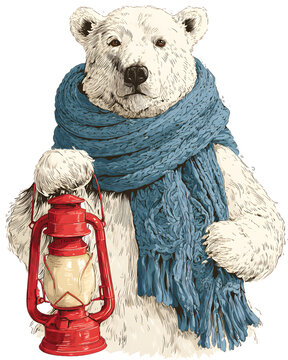 Fluffy Polar Bear with Scarf and Lantern Cozy Winter Christmas Clipart, on white background.