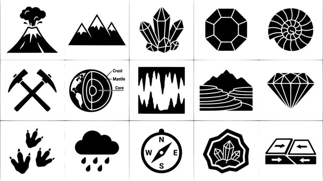 Geology and earth science icon set. Black silhouette symbols featuring volcano, crystals, tectonic plates, and earth layers.