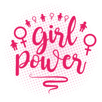 Girl Power. Hand drawn illustration. Pink words on sunburst.