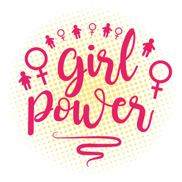 Girl Power. Hand drawn illustration. Pink words on yellow sunburst.