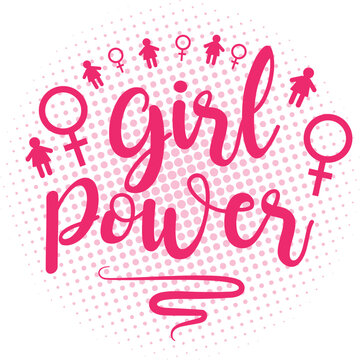 Girl Power. Vector hand drawn illustration. Pink words on sunburst.