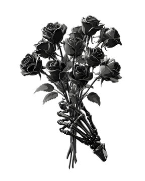 Black Monochrome Dried Rose Flower Bouquet Gothic Floral Clipart Art, on white background.