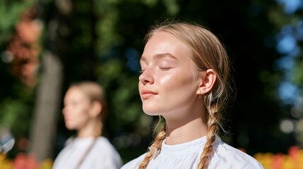 Fototapeta premium Serene Girl with Braided Hair, Looking Upward in Sunlit Park, Posing for the Camera.