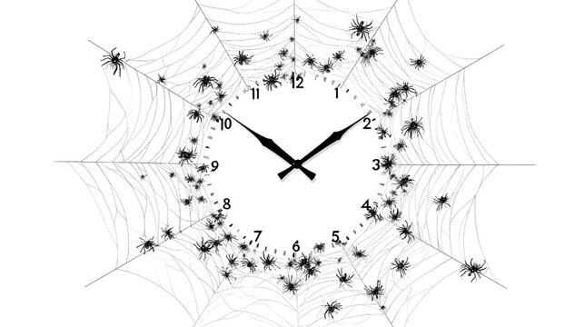 Minimal Black Spider Silhouette Clock Face Abstract Time Art Design, on white background.