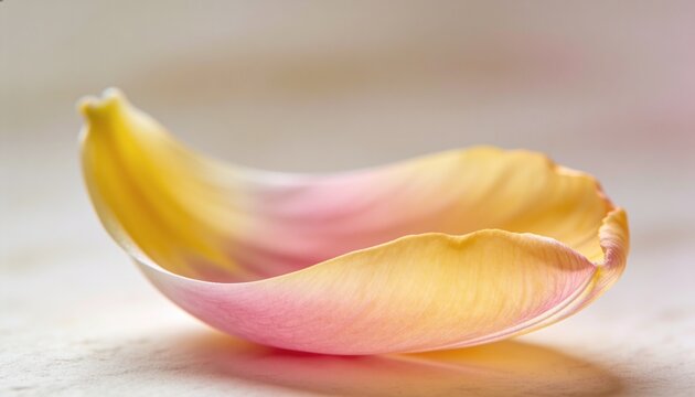 Close up of a curved tulip petal with yellow and pink gradients on a bright background, delicate floral detail for botanical art, spa wellness, and spring season themes