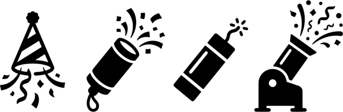 Party celebration icon set. Confetti cannon and festive hat symbols in black silhouette style. Editable vector illustration on white background.