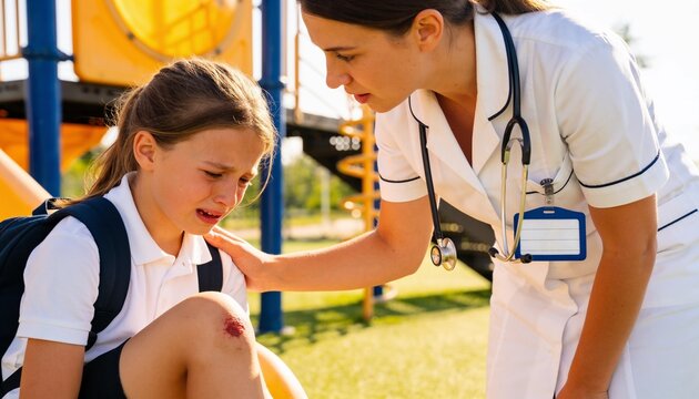 Nurse comforting a crying schoolgirl with a scraped knee on a sunny playground, providing first aid and compassionate medical care for a childhood injury and school safety