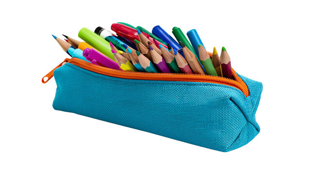 Turquoise pencil case stuffed with colorful pencils and markers