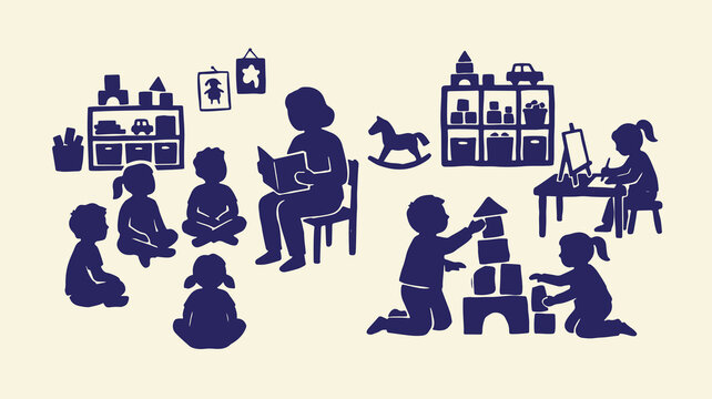Preschool children learning and playing in classroom with teacher reading book silhouette.