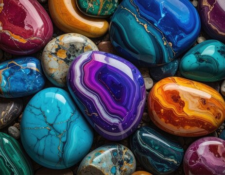 Collection of polished, colorful gemstones with swirling patterns and veins
